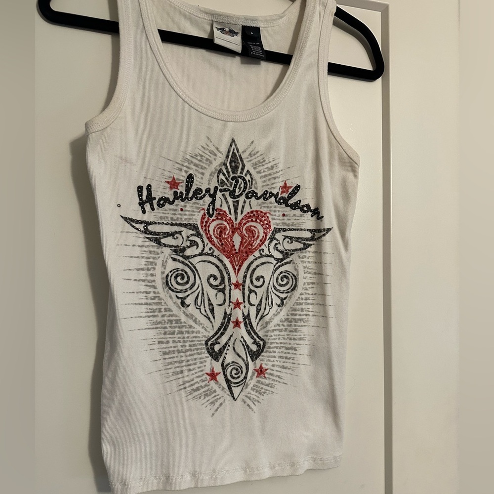 Harley Davidson White Tank Top with Red and Black Design